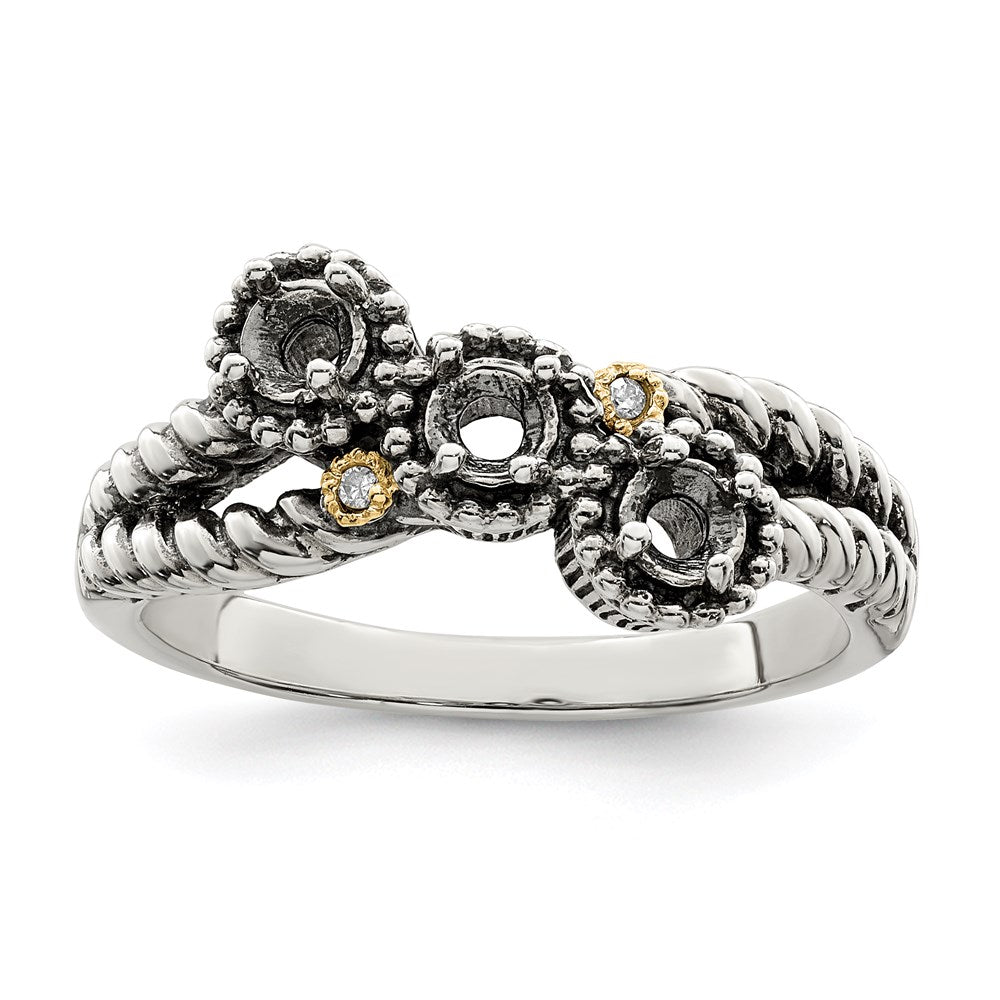 Sterling Silver Antiqued w/14k 3-stone w/Diamond Mother's Ring Semi-Mount