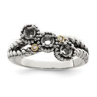 Sterling Silver Antiqued w/14k 3-stone w/Diamond Mother's Ring Semi-Mount