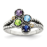 Sterling Silver Antiqued w/14k 4-stone w/Diamond Mother's Ring