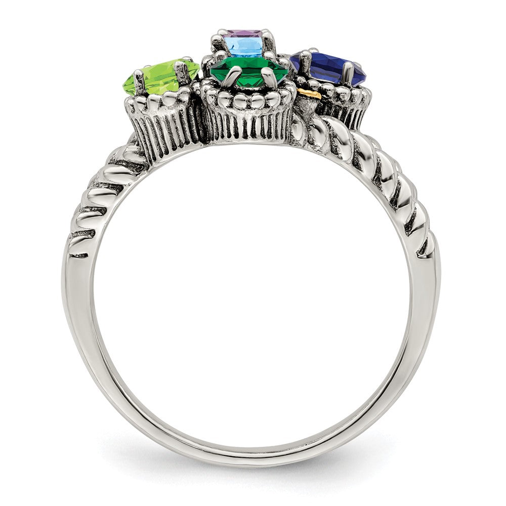 Sterling Silver Antiqued w/14k 5-stone w/Diamond Mother's Ring