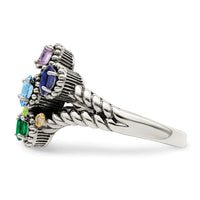 Sterling Silver Antiqued w/14k 5-stone w/Diamond Mother's Ring