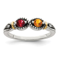 Sterling Silver Antiqued w/14k 2-stone w/Diamond Mother's Ring Semi-Mount