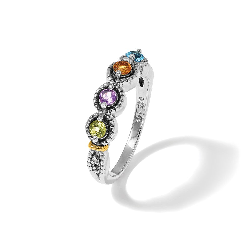 Sterling Silver Antiqued w/14k 4-stone w/Diamond Mother's Ring