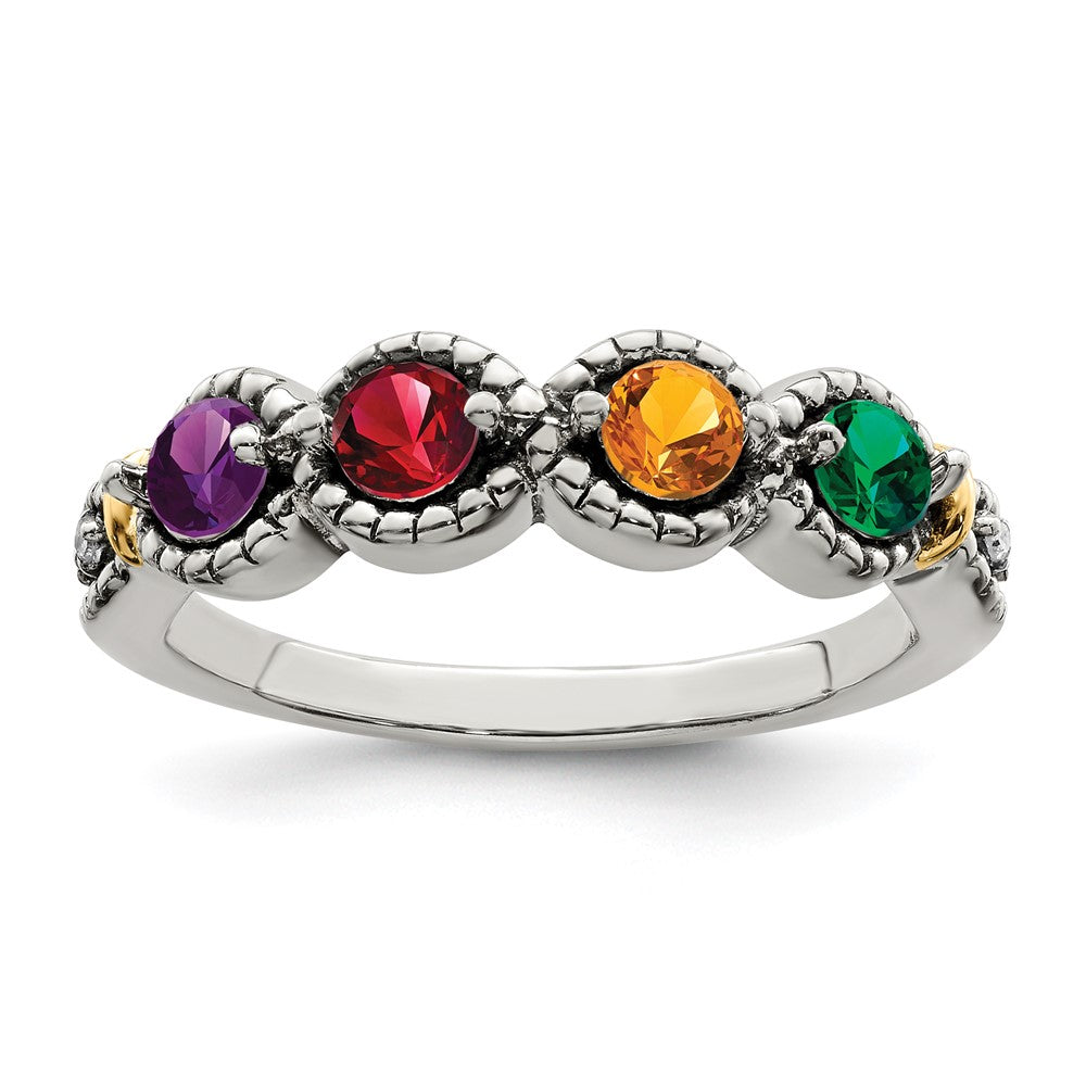 Sterling Silver Antiqued w/14k 4-stone w/Diamond Mother's Ring Semi-Mount