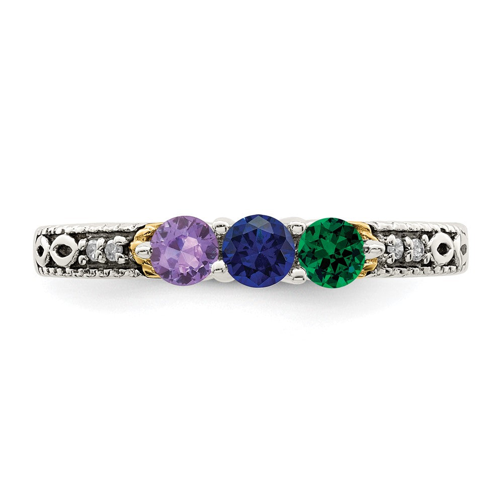 Sterling Silver Antiqued w/14k 3-stone w/Diamond Mother's Ring
