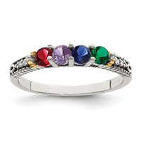 Sterling Silver Antiqued w/14k 4-stone w/Diamond Mother's Ring