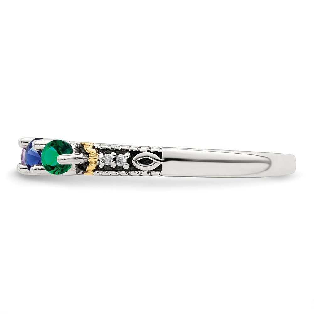 Sterling Silver Antiqued w/14k 5-stone w/Diamond Mother's Ring