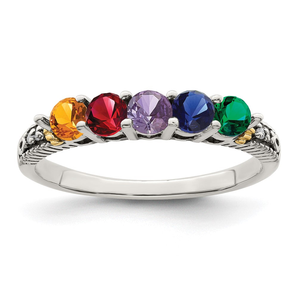 Sterling Silver Antiqued w/14k 5-stone w/Diamond Mother's Ring Semi-Mount