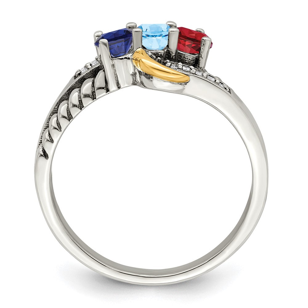 Sterling Silver Antiqued w/14k 3-stone w/Diamond Mother's Ring Semi-Mount
