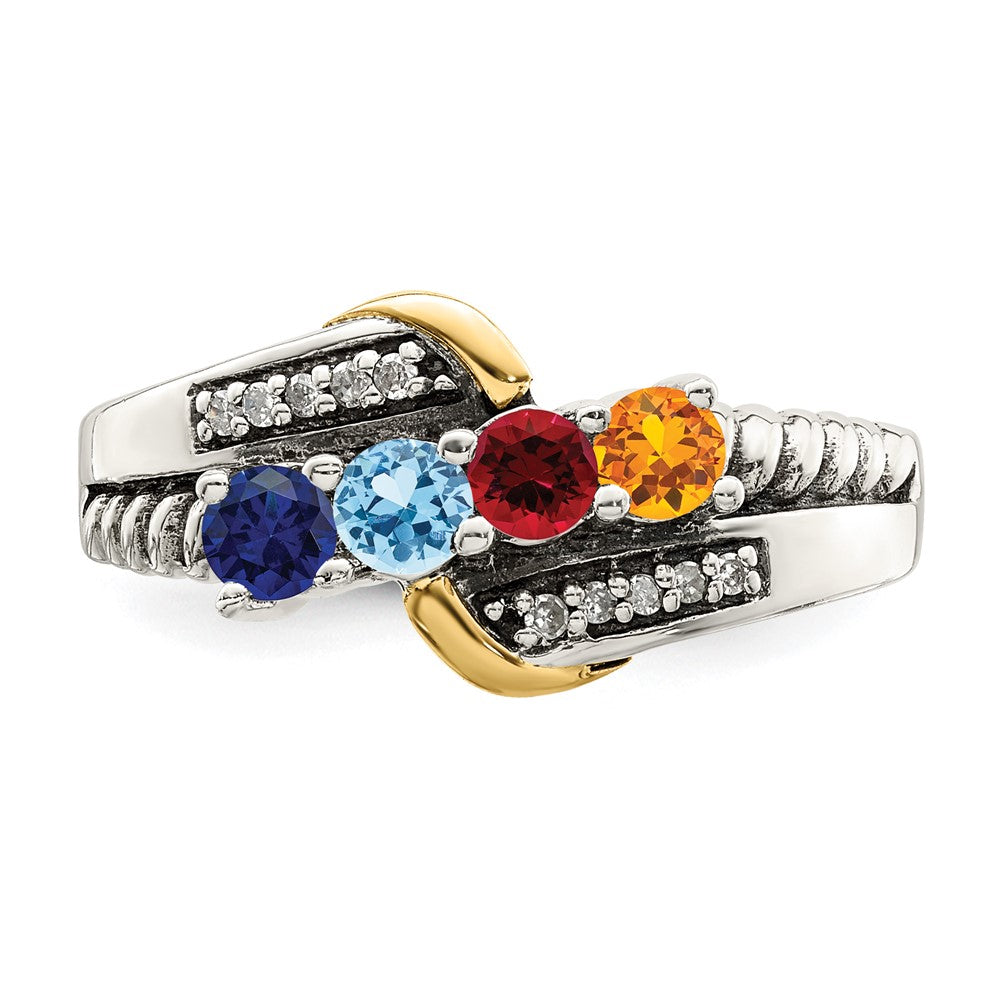 Sterling Silver Antiqued w/14k 4-stone w/Diamond Mother's Ring Semi-Mount