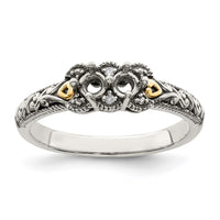 Sterling Silver Antiqued w/14k 2-stone w/Diamond Mother's Ring Semi-Mount