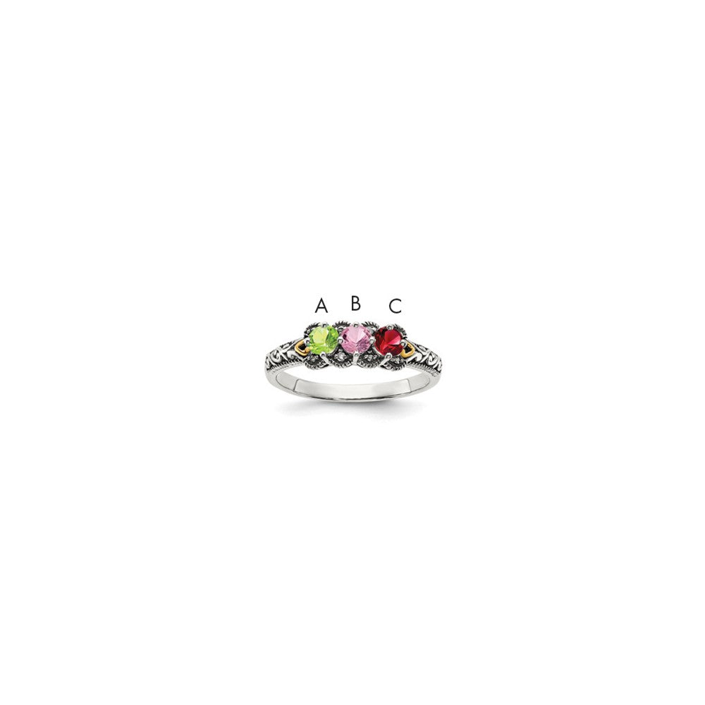 Sterling Silver Antiqued w/14k 3-stone w/Diamond Mother's Ring