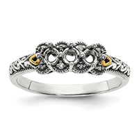 Sterling Silver Antiqued w/14k 3-stone w/Diamond Mother's Ring Semi-Mount