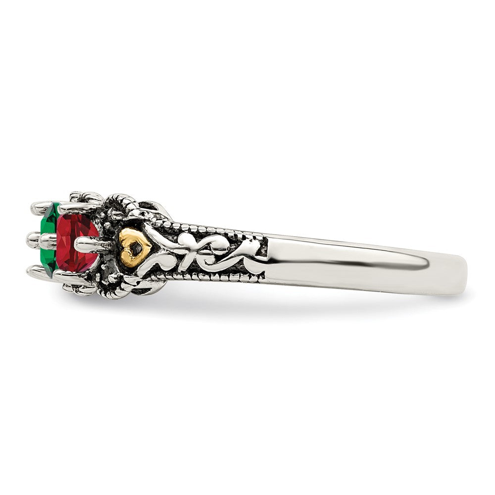 Sterling Silver Antiqued w/14k 4-stone w/Diamond Mother's Ring