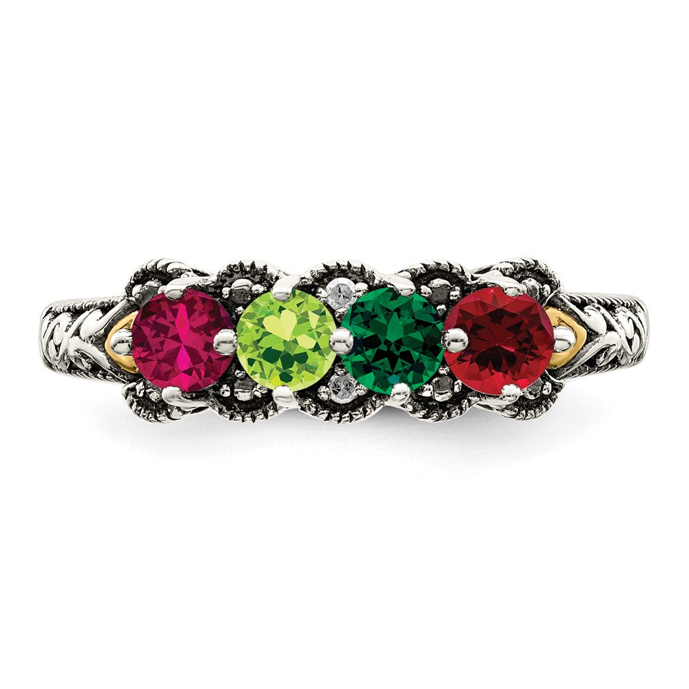 Sterling Silver Antiqued w/14k 4-stone w/Diamond Mother's Ring