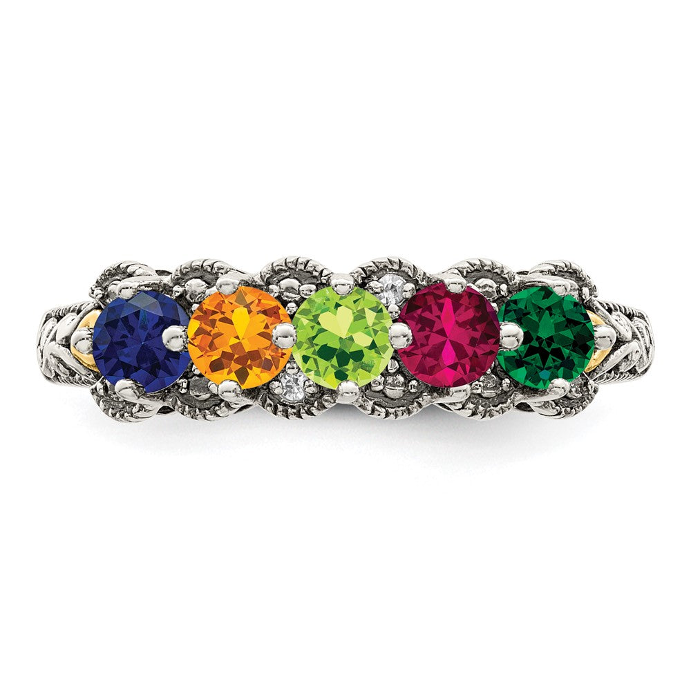 Sterling Silver Antiqued w/14k 5-stone w/Diamond Mother's Ring Semi-Mount