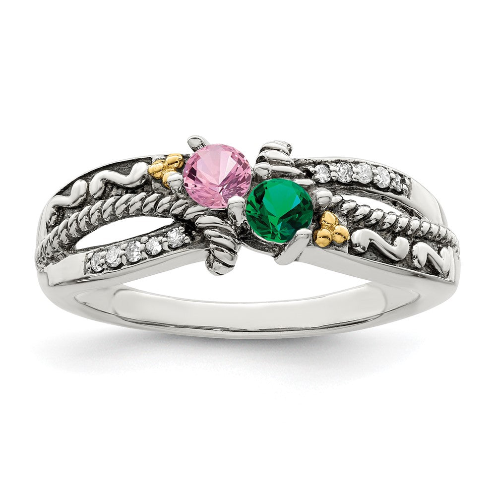 Sterling Silver Antiqued w/14k 2-stone w/Diamond Mother's Ring Semi-Mount