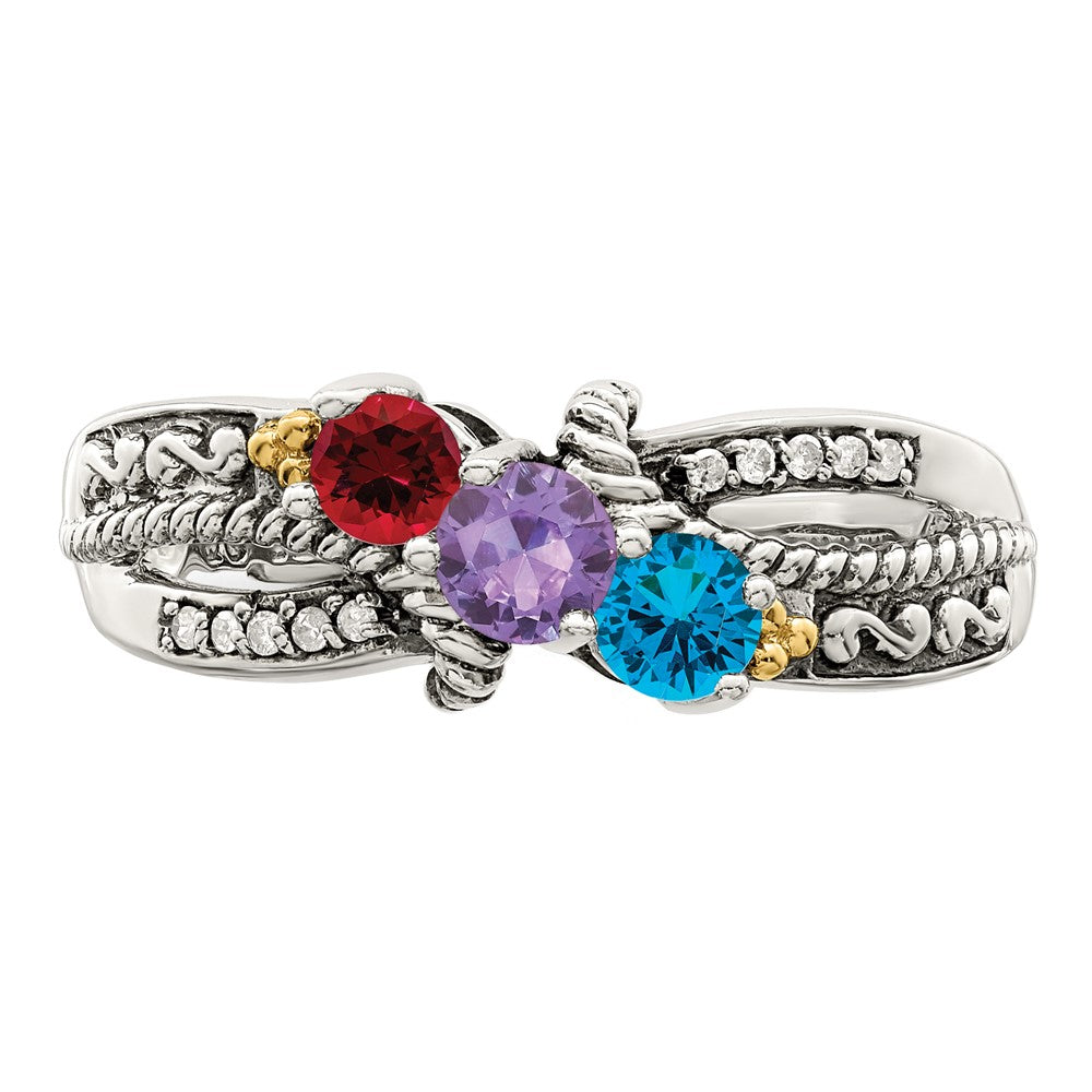Sterling Silver Antiqued w/14k 3-stone w/Diamond Mother's Ring Semi-Mount