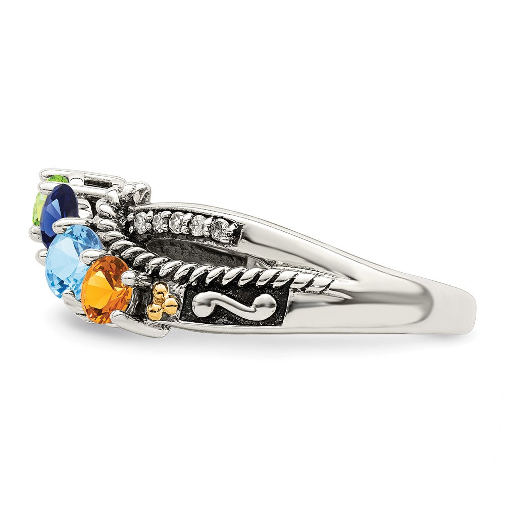 Sterling Silver Antiqued w/14k 4-stone w/Diamond Mother's Ring Semi-Mount