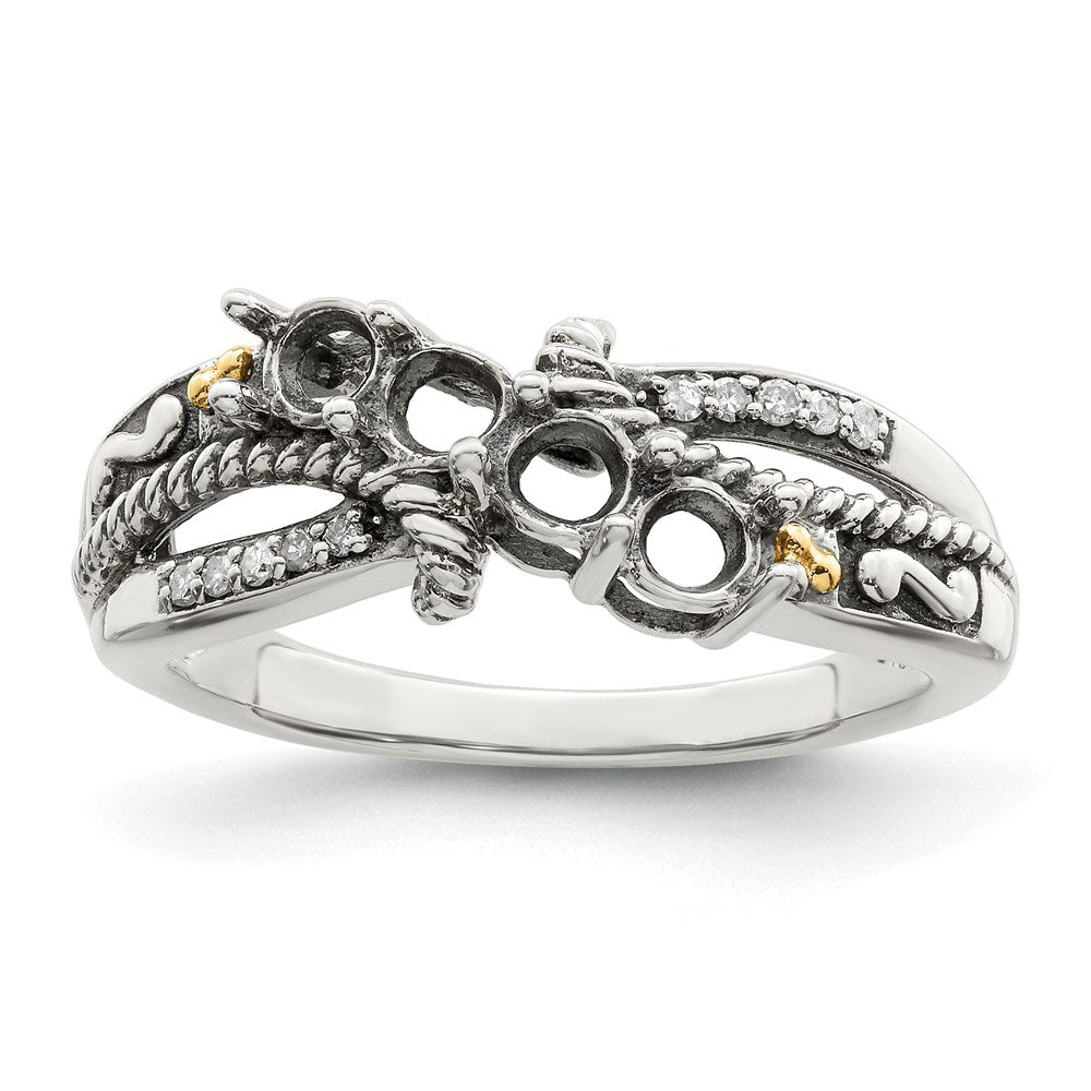 Sterling Silver Antiqued w/14k 4-stone w/Diamond Mother's Ring Semi-Mount