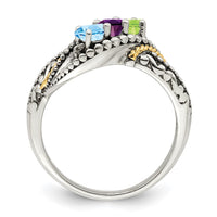 Sterling Silver Antiqued w/14k 3-stone w/Diamond Mother's Ring