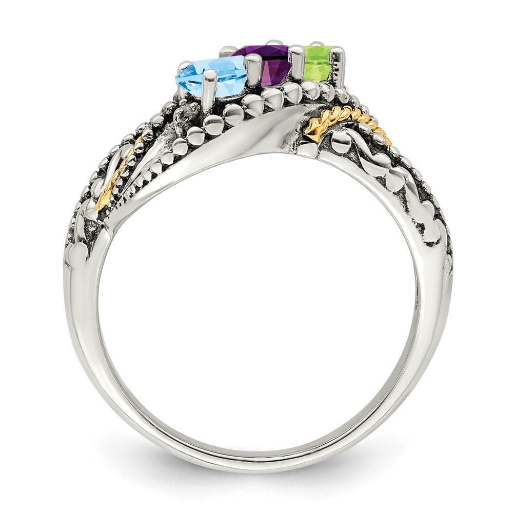 Sterling Silver Antiqued w/14k 3-stone w/Diamond Mother's Ring