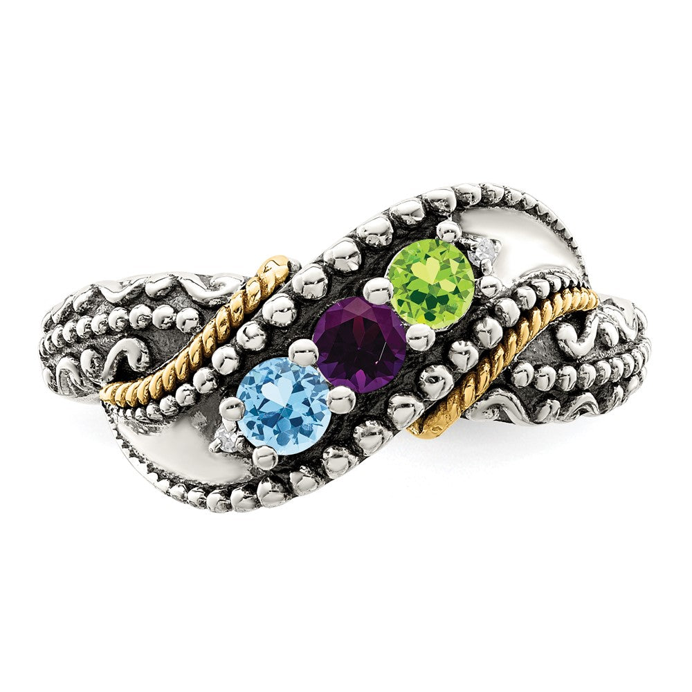 Sterling Silver Antiqued w/14k 3-stone w/Diamond Mother's Ring Semi-Mount