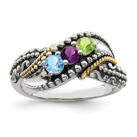 Sterling Silver Antiqued w/14k 3-stone w/Diamond Mother's Ring Semi-Mount