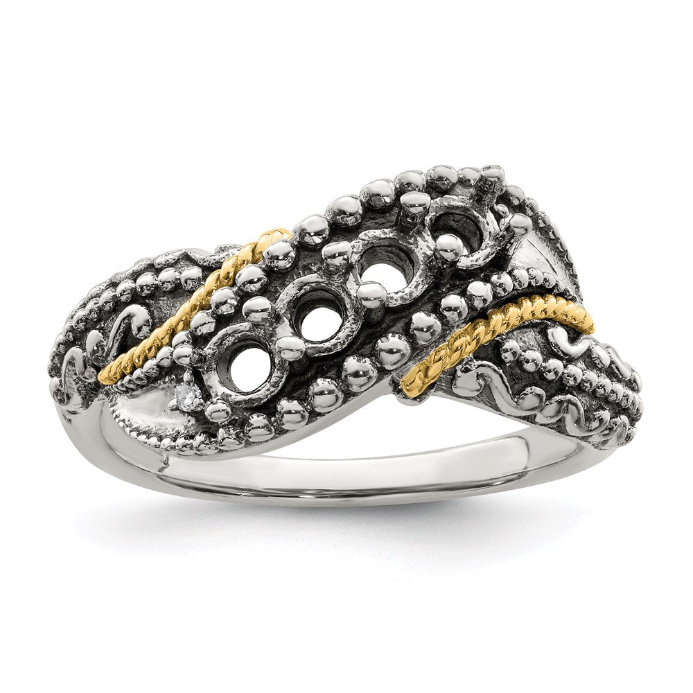Sterling Silver Antiqued w/14k 4-stone w/Diamond Mother's Ring