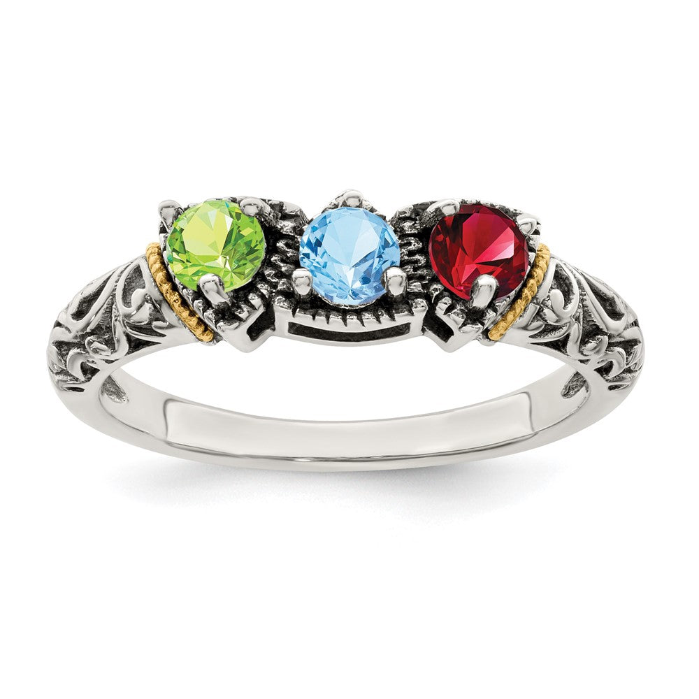 Sterling Silver Antiqued w/14k 3-stone Mother's Ring Mounting