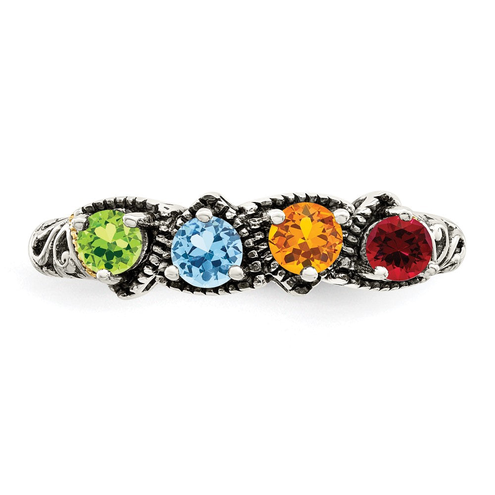 Sterling Silver Antiqued w/14k 4-stone Mother's Ring