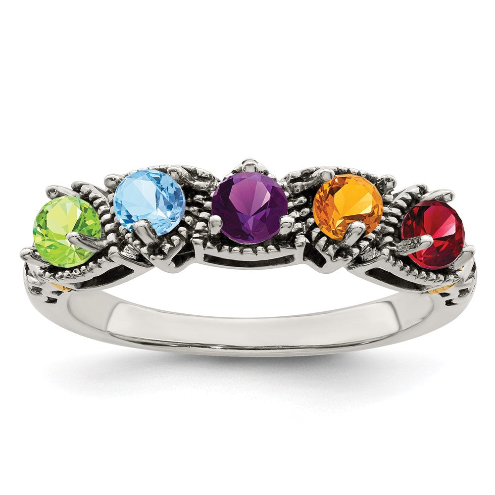Sterling Silver Antiqued w/14k 5-stone Mother's Ring