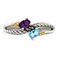 Sterling Silver Antiqued w/14k 2-stone Mother's Ring