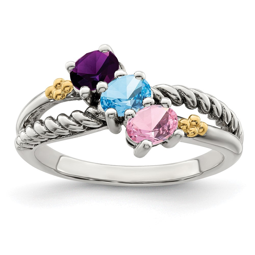 Sterling Silver Antiqued w/14k 3-stone Mother's Ring