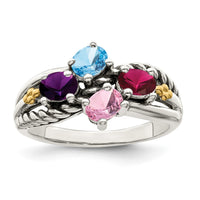 Sterling Silver Antiqued w/14k 4-stone Mother's Ring