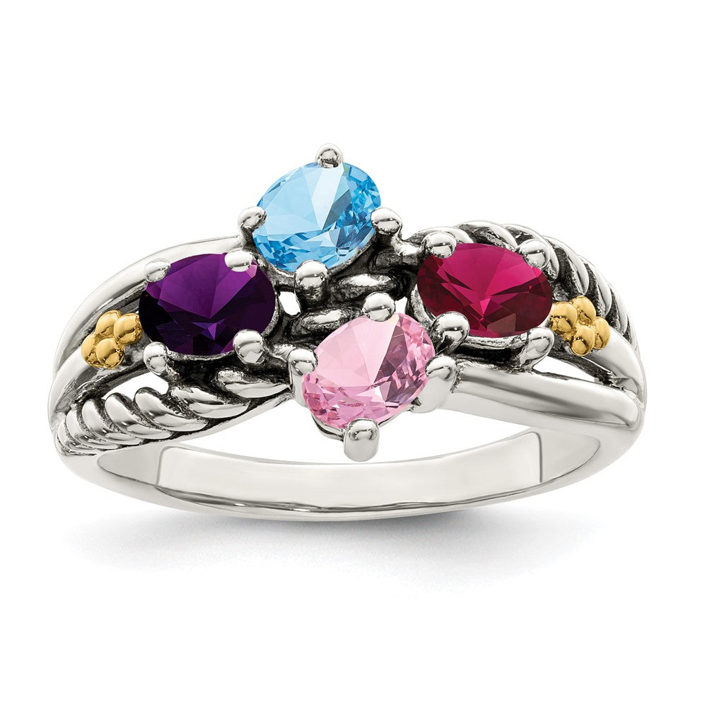Sterling Silver Antiqued w/14k 4-stone Mother's Ring