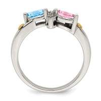 Sterling Silver Antiqued w/14k 2-stone w/Diamond Mother's Ring Semi-Mount