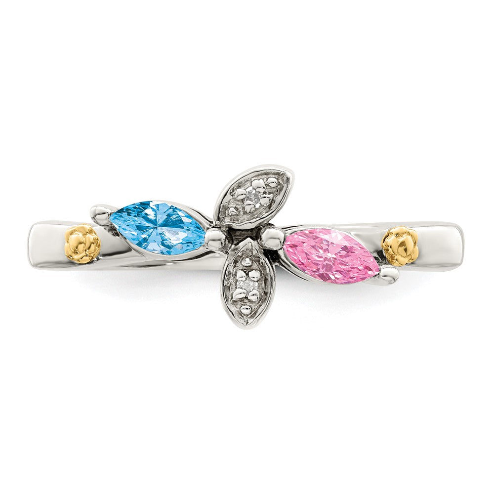 Sterling Silver Antiqued w/14k 2-stone w/Diamond Mother's Ring Semi-Mount