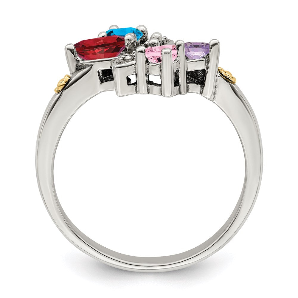 Sterling Silver Antiqued w/14k 4-stone w/Diamond Mother's Ring