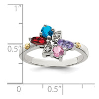 Sterling Silver Antiqued w/14k 4-stone w/Diamond Mother's Ring Semi-Mount