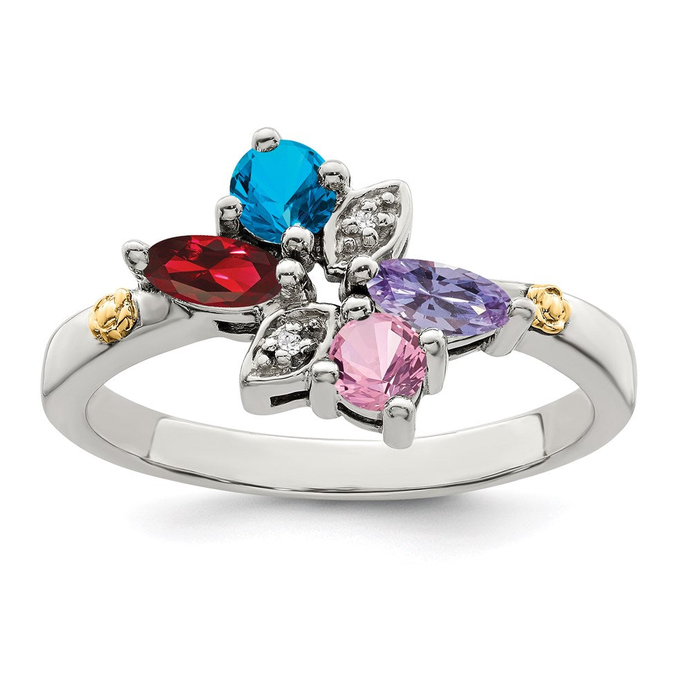 Sterling Silver Antiqued w/14k 4-stone w/Diamond Mother's Ring Semi-Mount