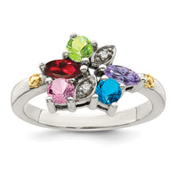 Sterling Silver Antiqued w/14k 5-stone w/Diamond Mother's Ring
