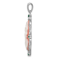 Sterling Silver RH-plated Green Glass Clear CZ Plastic Pink Cameo Pendant