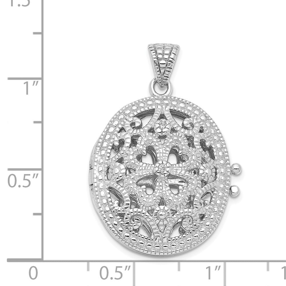 Sterling Silver Rhodium-plated CZ Fancy Filigree Oval 22mm Locket