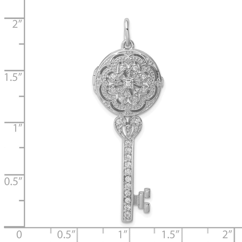 Sterling Silver Rhodium-plated CZ Filigree Locket Key Pendant