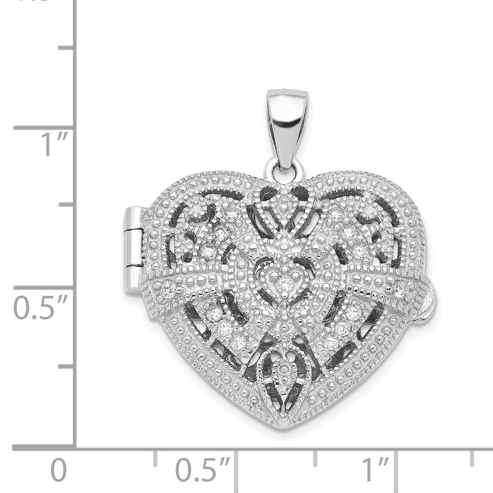 Sterling Silver Rhodium-plated CZ Fancy Design Heart 22mm Locket Pendant