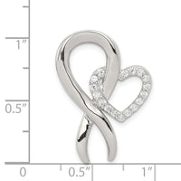 Sterling Silver Rhodium-plated CZ Heart/Breast Cancer Ribbon Chain Slide