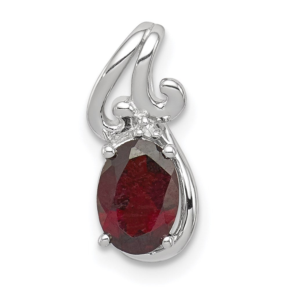 Sterling Silver Rhodium Plated Diamond & Garnet Oval Pendant