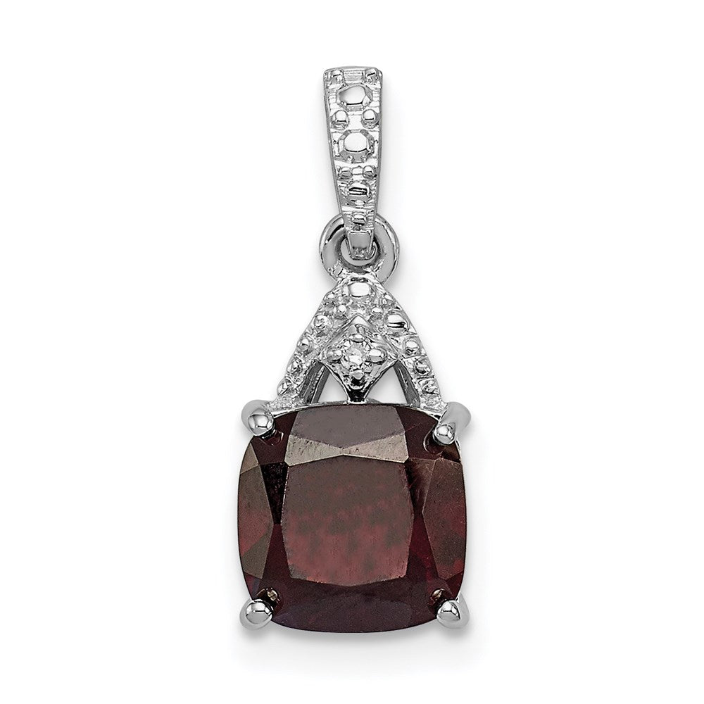 Sterling Silver Rhodium Plated Diamond Garnet Cushion Pendant