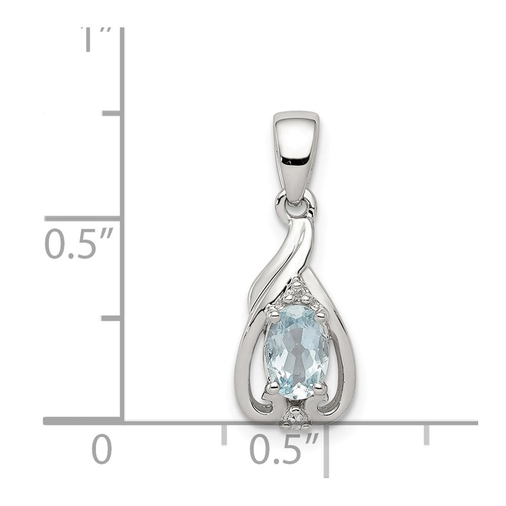 Sterling Silver Rhodium Plated Dia. & Aquamarine Oval Pendant